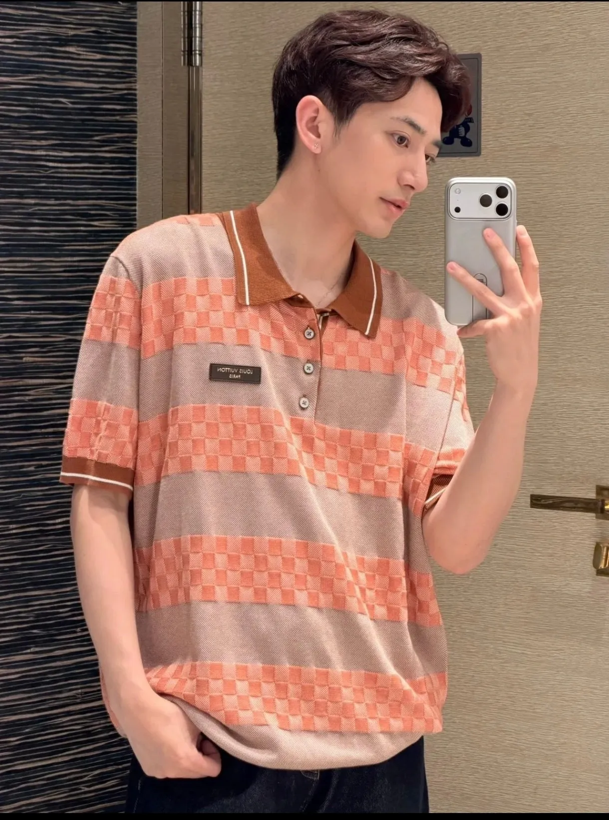 Louis Vuitton/Louis Vuitton 26ss leather striped checkerboard knitted Polo short sleeves